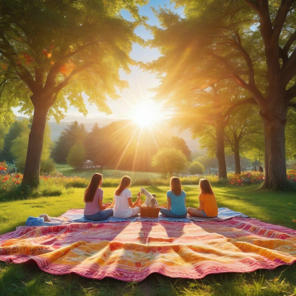 A vibrant sun shining brightly over a cheerful, colorful landscape filled with flowers and smiling people enjoying life. In the foreground, picnic blankets with families and friends share joyful moments, surrounded by playful pets and children. Warm rays light up the scene, creating an atmosphere of happiness and positivity. Include elements of nature, such as trees and birds, to evoke a sense of peace and bliss. vibrant colors. super-realistic. cheerful atmosphere.