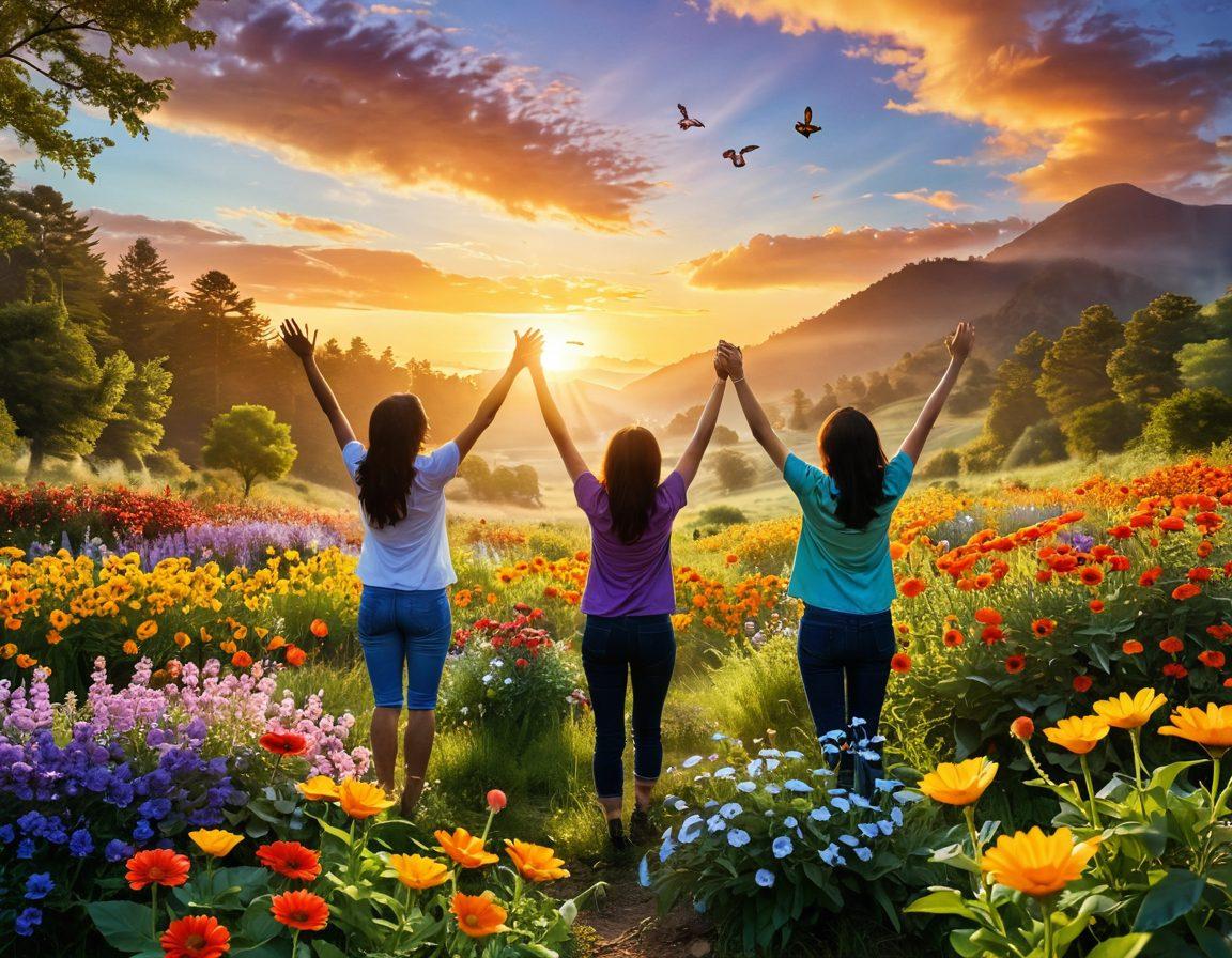 A radiant sun rising over a vibrant landscape filled with colorful flowers and greenery, symbolizing joy and happiness. In the foreground, a diverse group of people of all ages joyfully interacting, sharing laughter, and celebrating life. Incorporate symbols of nature, like birds and butterflies, fluttering around. The atmosphere should be bright and uplifting, evoking a sense of peace and cheerfulness. super-realistic. vibrant colors. soft focus.