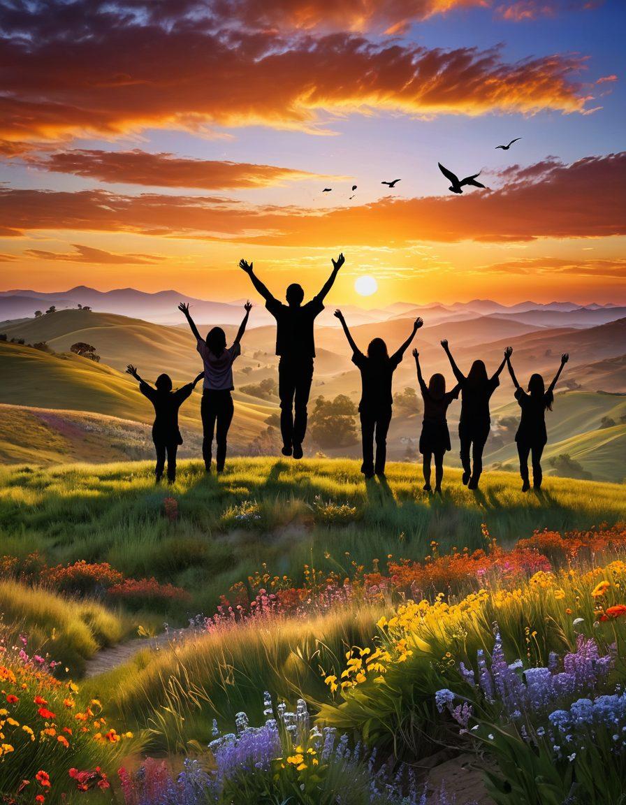 A serene landscape showcasing a vibrant sunrise over rolling hills, symbolizing hope and positivity. Include a silhouette of a diverse group of people joyfully embracing, their arms raised towards the sky, embodying the Tuano spirit. Add colorful wildflowers in the foreground and birds soaring in the air to depict freedom and elation. The overall mood should be uplifting and inspiring, with a warm color palette. super-realistic. vibrant colors.